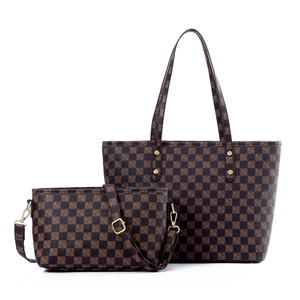 Brown checkerboard tote bag set with matching crossbody purse and golden hardware