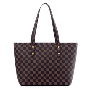 Large checkerboard tote bag in dark brown with elegant shoulder straps and gold studs