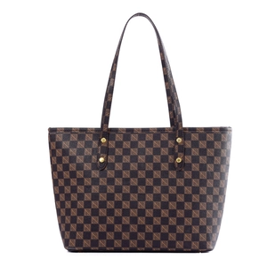 Classic brown checkered pattern tote bag with large capacity and matching small pouch