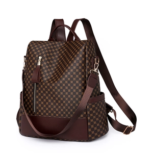 Large capacity vintage printed backpack for women with dark brown leather details