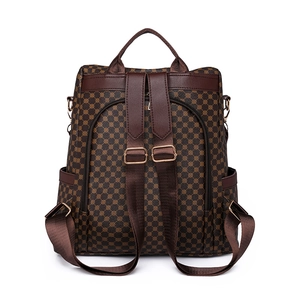 Retro brown large capacity backpack for women with geometric pattern and side pockets