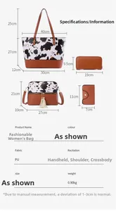 Tableau des tailles détaillé pour l'ensemble de 4 sacs à main imprimés et pochettes