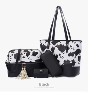 Ensemble détaillé de 4 pièces avec sac cabas, bandoulière et portefeuille motif vache