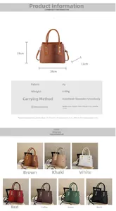 Detailed size chart for PU leather tote bag with measurements and seven color options