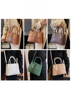 Detail view of large crocodile embossed tote bags in six colors with gold hardware