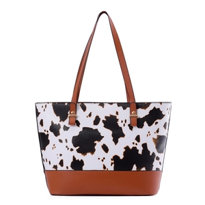 Sac fourre-tout chic à imprimé vache avec anses en cuir marron et détails dorés
