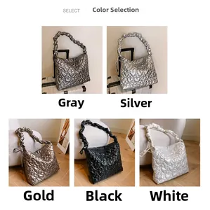 Quilted heart texture shoulder bags in five metallic colors with pleated elastic straps