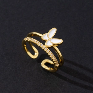 Bague double couche papillon dorée avec zircons blancs et anneau réglable élégant