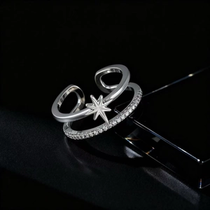 Détail macro d'une bague double argentée avec étoile brillante et pavé de zircons