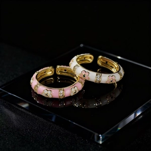 Vintage Enamel Flower Twist Open Ring Copper Gold Plated Adjustable Cubic Zirconia Floral Band Jewelry For Women