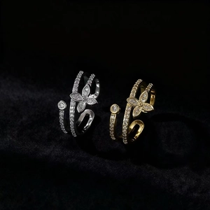 Minimalist clover butterfly open rings with sparkling zircon in gold and silver plating