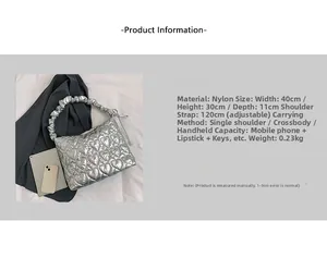 Detailed size chart for silver quilted shoulder bag with 40cm width and 30cm height