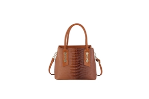 Brown crocodile embossed leather handbag with large capacity and detachable shoulder strap