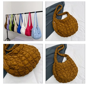 Close-up of quilted cloud bag textures and multiple color options in a detailed grid view