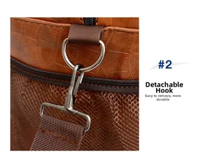 Dettaglio borsa marrone in finta pelle coccodrillo con gancio rimovibile e tasca a rete