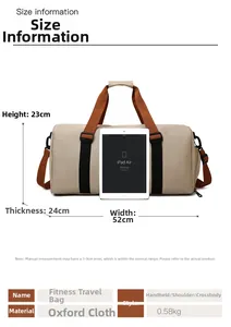Detailed dimensions of beige Oxford travel tote bag with dimensions 52x23x24cm and 0.58kg