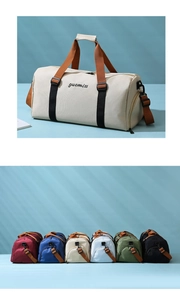 Detail view of large travel tote bags in six colors with a separate shoe compartment