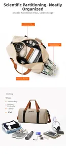 Oxford gym bag detail showing dry wet separation pocket and independent shoe compartment
