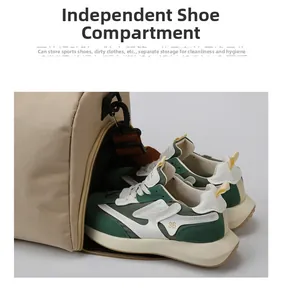 Detail view of khaki travel bag with independent shoe compartment for sports footwear