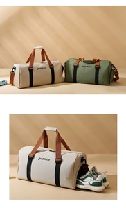 Detail of specialized shoe compartment in large oxford tote bag for travel and gym use
