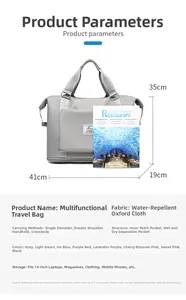 Detail view of water-resistant oxford fabric travel bag with 41x19x35cm dimensions