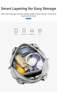 Internal view of a large travel bag showing compartments for tablets and clothes