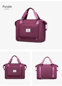 Detailed views of burgundy travel bag with trolley sleeve and front zipper pocket
