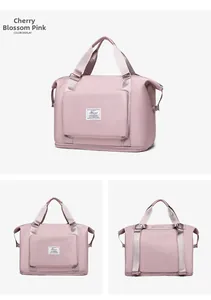 Detailed views of sakura pink fitness bag showing sturdy handles and luggage strap