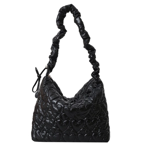 Minimalist black heart quilted nylon handbag with ruffled scrunchie shoulder strap