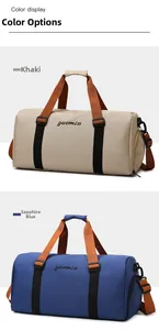 Detail view of khaki and royal blue Oxford gym bags with separate shoe compartment
