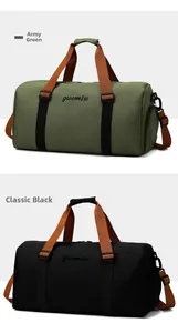 Detail view of large Oxford travel tote bags in green and black with side shoe compartment