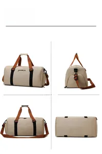 Multi-angle views of beige Oxford travel tote featuring side zipper and brown handles