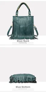 Dettagli del retro e del fondo della borsa blu in pelle PU con frange e catena dorata