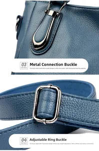 Detailansicht der silbernen Metallschnallen und des verstellbaren blauen Ledergurts