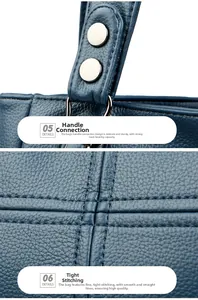 Detailansicht silberner Nieten und präziser Nähte an der blauen Lederhandtasche mit Narbung