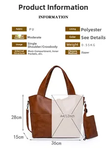 Brown faux leather tote bag showing size dimensions and A4 paper comparison