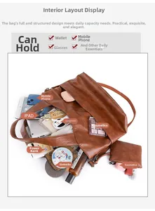 Top view of large capacity brown PU leather tote bag showing internal storage for iPad