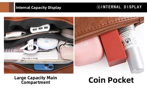 Detail view of the large capacity interior compartments in brown pebbled leather handbag
