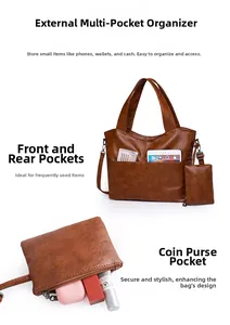Detail view of brown pebbled tote bag showing spacious compartments and matching pouch