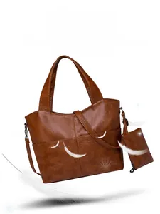 Lightweight brown leather tote bag with shoulder strap and mini coin purse detail