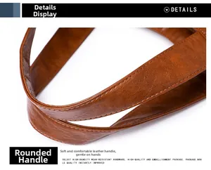 Close-up of rounded brown leather handle with smooth stitching on tote bag