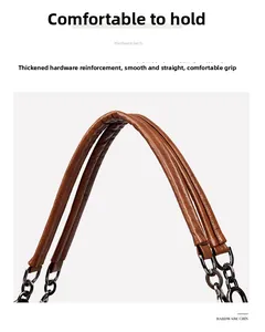 Close-up of brown lychee grain leather handles with durable dark grey metal chain links