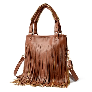 Borsa vintage in similpelle marrone con frange bohémien e dettagli dorati
