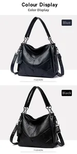 Vertical view of blue and black tote bags with V-shaped stitching and tassel details