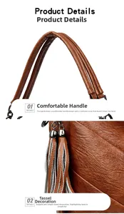 Brown litchi grain shoulder bag showing handle straps and stylish tassel pendant detail