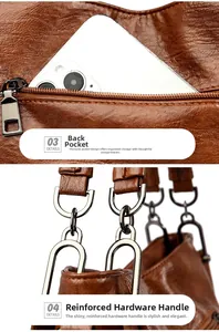 Close-up of brown pebbled leather bag with rear zip pocket and gunmetal hardware