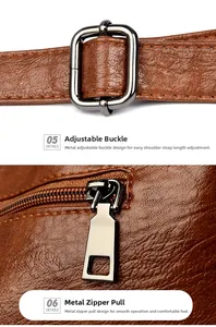 Detail view of brown leather bag showing metal strap buckles and smooth zipper hardware