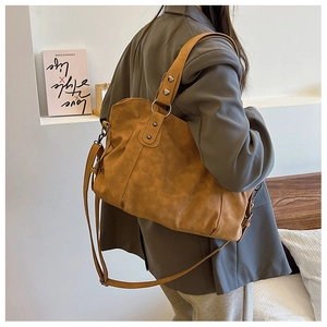 Caramel matte faux leather tote bag with metallic ring and wide shoulder strap