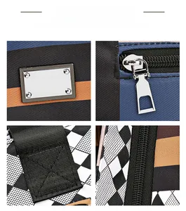 Dettaglio della borsa tote color-block con cerniera argentata e texture in tessuto twill