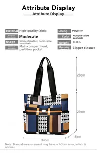 Infografica dettagliata di una borsa tote geometrica colorata, misura 34x29x15cm